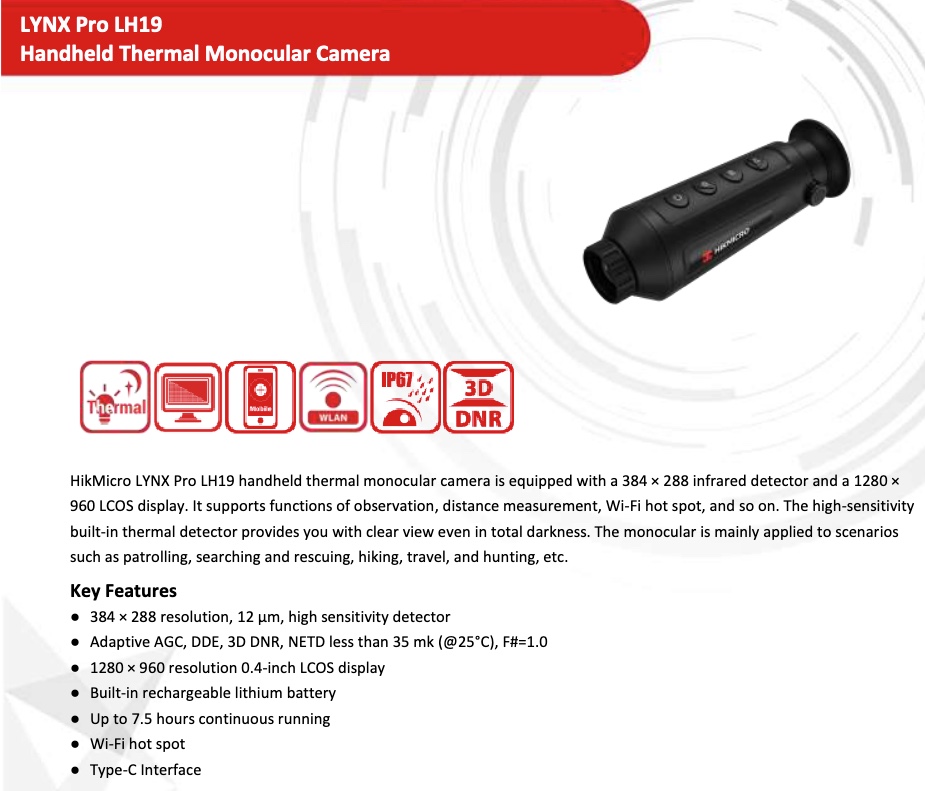 HIKMICRO LINX Pro HD LH19 Monocolo THERMAL Dig.Zoom 1.86/14.88x 8G Wifi 1280×960 Lens 19mm (A)